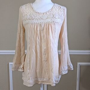 Cream Lace Boho Flowy Scoop Neck Top